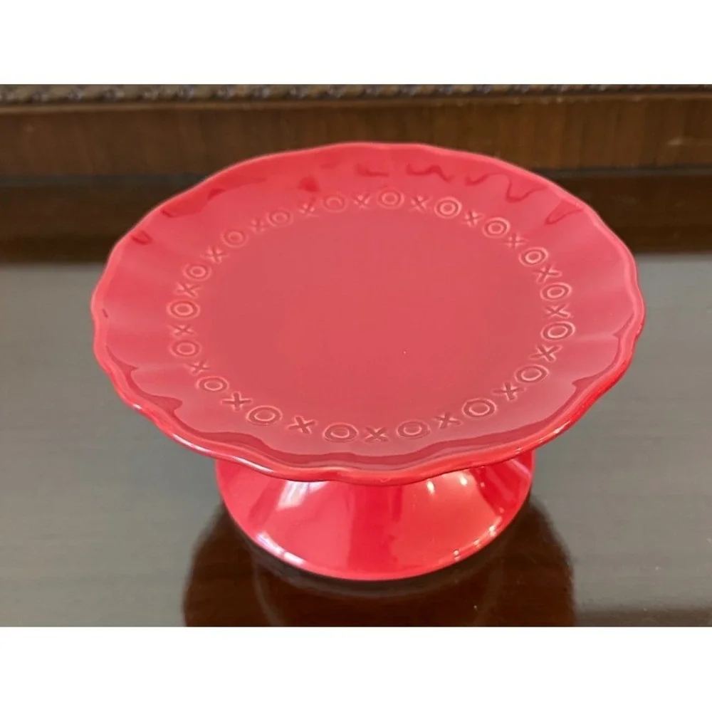 Pottery Barn Red Ceramic Dessert Stand XOXO Love Themed Small Pedestal
